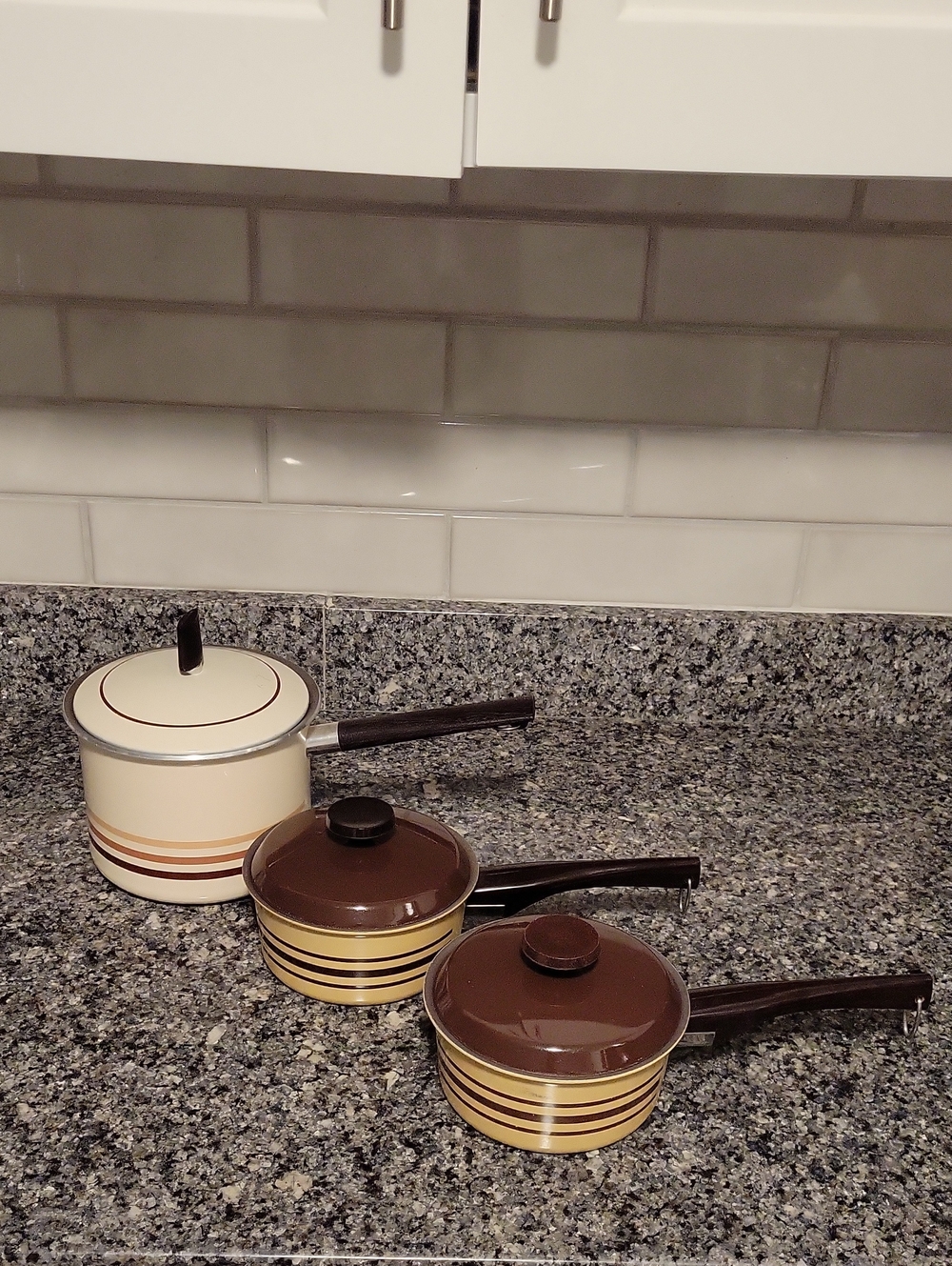 Vintage 70's West Bend Striped Enamel Saucepans w/Lids